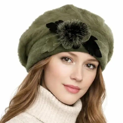 VECRY Lady French Beret 100% Wool Beret Floral Dress Beanie Winter Hat 
