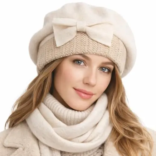 VECRY Lady French Beret 100% Wool Beret Floral Dress Beanie Winter Hat - VECRY (1)
