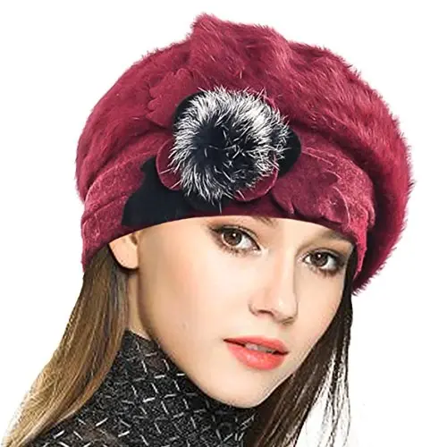 VECRY Lady French Beret 100% Wool Beret Floral Dress Beanie Winter Hat - 1