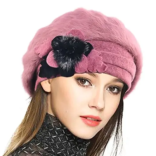 VECRY Lady French Beret 100% Wool Beret Floral Dress Beanie Winter Hat 