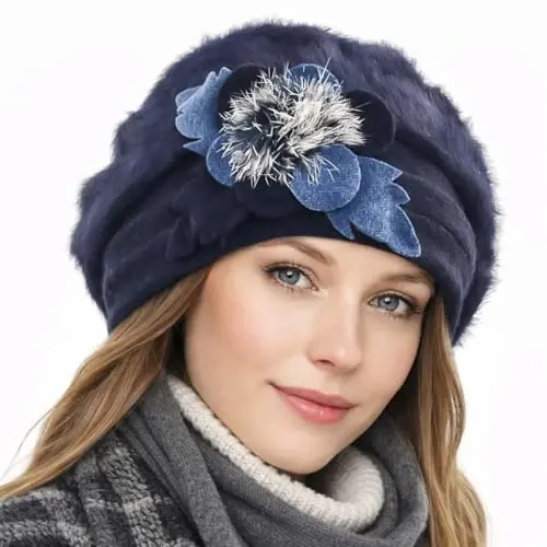 VECRY Lady French Beret 100% Wool Beret Floral Dress Beanie Winter Hat - VECRY (1)
