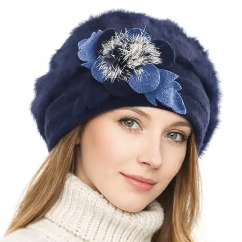 VECRY Lady French Beret 100% Wool Beret Floral Dress Beanie Winter Hat 