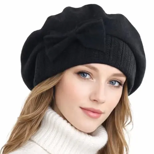 VECRY Lady French Beret 100% Wool Beret Floral Dress Beanie Winter Hat - VECRY (1)