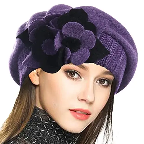 VECRY Lady French Beret 100% Wool Beret Floral Dress Beanie Winter Hat - VECRY
