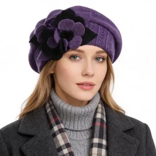 VECRY Lady French Beret 100% Wool Beret Floral Dress Beanie Winter Hat - VECRY (1)