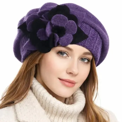 VECRY Lady French Beret 100% Wool Beret Floral Dress Beanie Winter Hat 