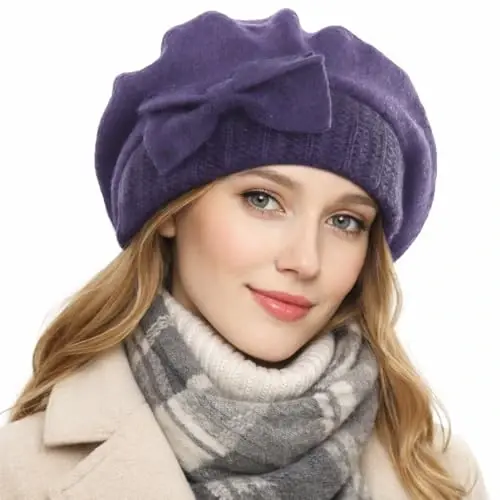 VECRY Lady French Beret 100% Wool Beret Floral Dress Beanie Winter Hat - VECRY (1)