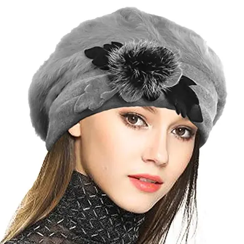 VECRY Lady French Beret 100% Wool Beret Floral Dress Beanie Winter Hat - 1