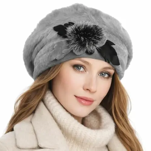 VECRY Lady French Beret 100% Wool Beret Floral Dress Beanie Winter Hat - VECRY