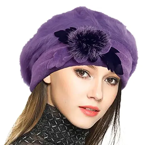 VECRY Lady French Beret 100% Wool Beret Floral Dress Beanie Winter Hat 