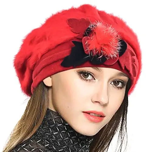 VECRY Lady French Beret 100% Wool Beret Floral Dress Beanie Winter Hat - 1