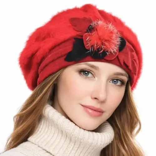 VECRY Lady French Beret 100% Wool Beret Floral Dress Beanie Winter Hat - VECRY (1)