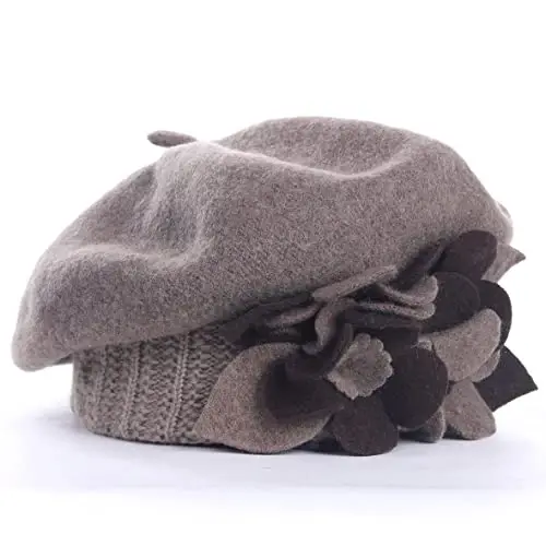 VECRY Lady French Beret 100% Wool Beret Floral Dress Beanie Winter Hat - VECRY (1)