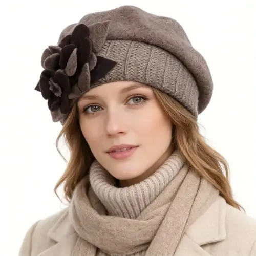 VECRY Lady French Beret 100% Wool Beret Floral Dress Beanie Winter Hat - VECRY (1)