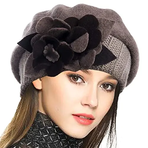 VECRY Lady French Beret 100% Wool Beret Floral Dress Beanie Winter Hat - 1