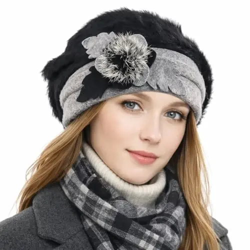 VECRY Lady French Beret 100% Wool Beret Floral Dress Beanie Winter Hat - VECRY (1)