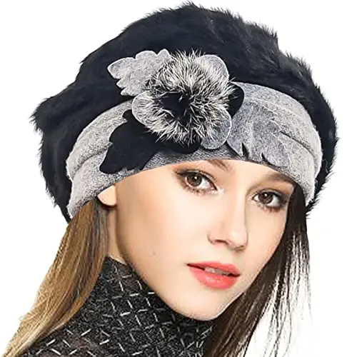VECRY Lady French Beret 100% Wool Beret Floral Dress Beanie Winter Hat 