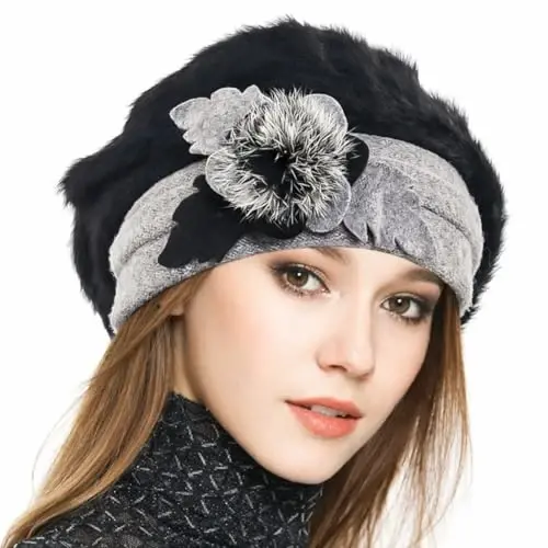 VECRY Lady French Beret 100% Wool Beret Floral Dress Beanie Winter Hat 