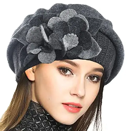 VECRY Lady French Beret 100% Wool Beret Floral Dress Beanie Winter Hat - 1