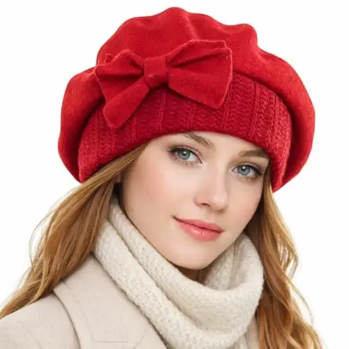 VECRY Lady French Beret 100% Wool Beret Floral Dress Beanie Winter Hat - VECRY (1)