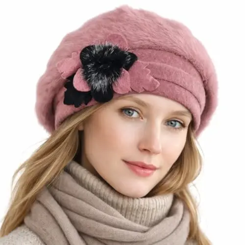 VECRY Lady Fransuz Beret 100% Jun Beret Gul naqshli Ko'ylak Beanie Qishki Shlyapa - 4