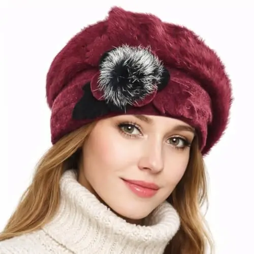 VECRY Lady Fransuz Beret 100% Jun Beret Gul naqshli libos Qishki shapka - VECRY