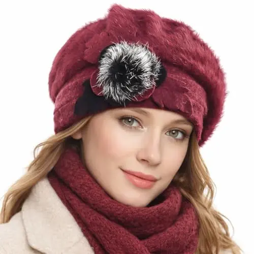 VECRY Lady Fransuz Beret 100% Jun Beret Gul naqshli libos Qishki shapka - 2