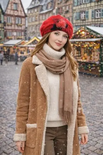 VECRY Lady Fransuz Bereti 100% Jun Beret Gul Naqshli Ko'ylak Beanie Qishki Shlyapa - 3