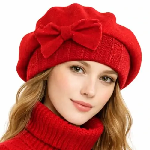 VECRY Lady French Beret 100% Wool Beret Floral Dress Beanie Winter Hat - 1