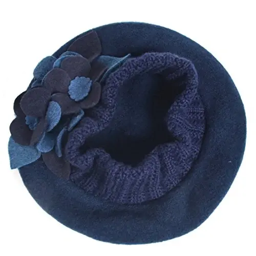 VECRY Lady French Beret 100% Wool Beret Floral Dress Beanie Winter Hat - 3