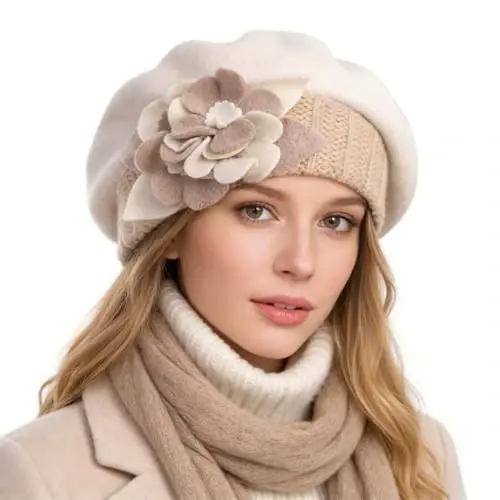 VECRY Lady French Beret 100% Wool Beret Floral Dress Beanie Winter Hat - VECRY (1)