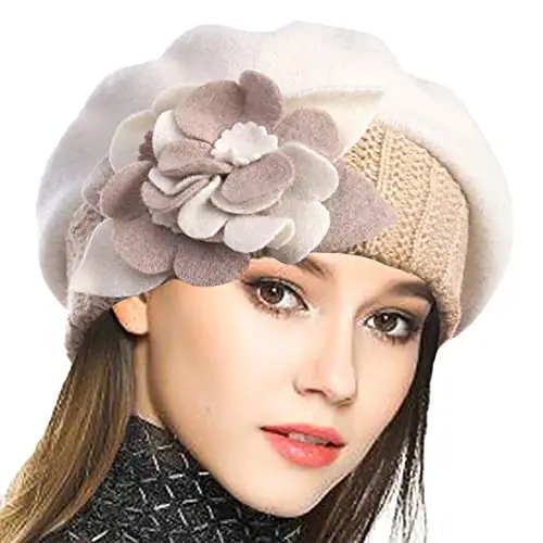 VECRY Lady French Beret 100% Wool Beret Floral Dress Beanie Winter Hat - VECRY
