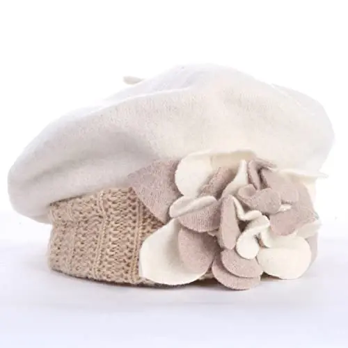 VECRY Lady French Beret 100% Wool Beret Floral Dress Beanie Winter Hat - 2