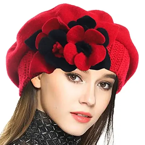 VECRY Lady French Beret 100% Wool Beret Floral Dress Beanie Winter Hat 
