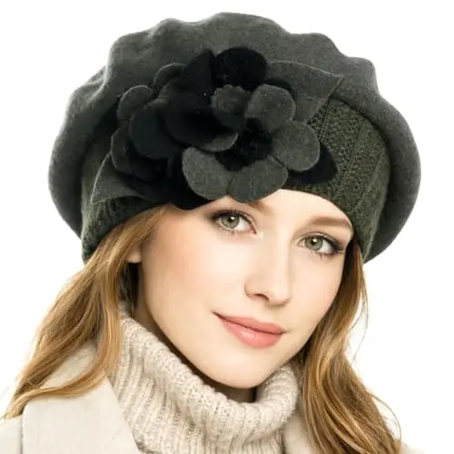 VECRY Lady French Beret 100% Wool Beret Floral Dress Beanie Winter Hat 