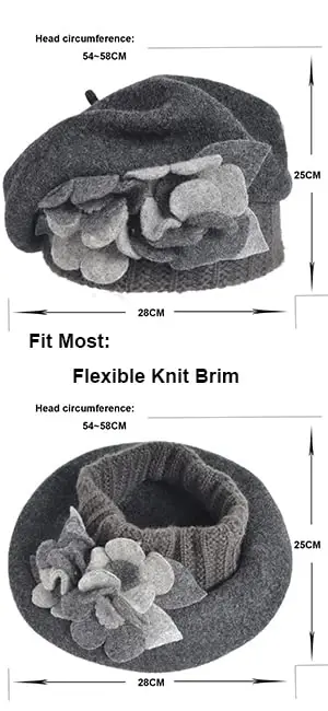 VECRY Lady French Beret 100% Wool Beret Floral Dress Beanie Winter Hat - 4