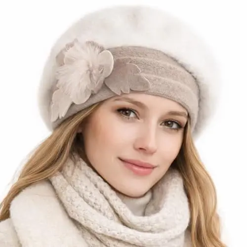 VECRY Lady French Beret 100% Wool Beret Floral Dress Beanie Winter Hat - VECRY (1)