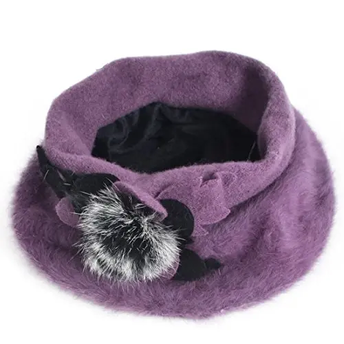 VECRY Lady French Beret 100% Wool Beret Floral Dress Beanie Winter Hat - 3