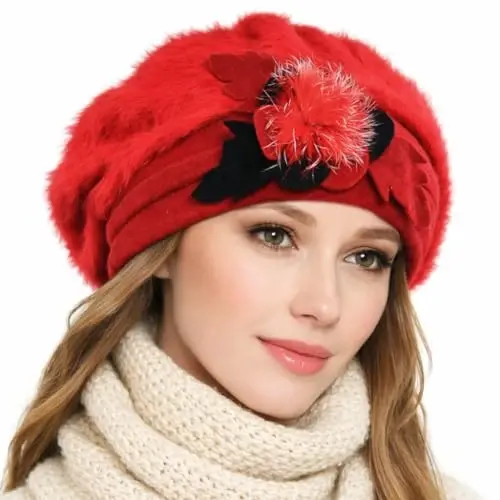 VECRY Lady French Beret 100% Wool Beret Floral Dress Beanie Winter Hat - 1