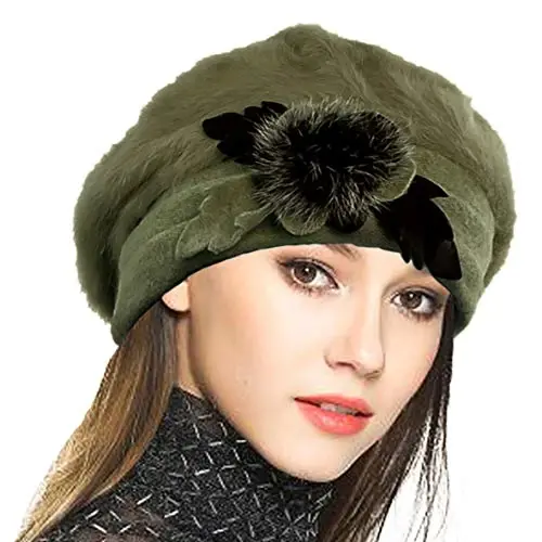 VECRY Lady French Beret 100% Wool Beret Floral Dress Beanie Winter Hat 