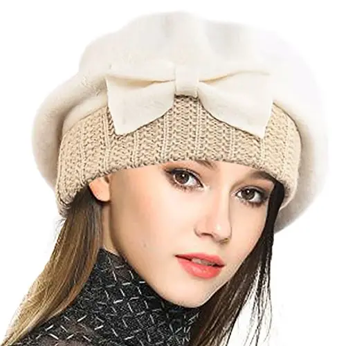 VECRY Lady French Beret 100% Wool Beret Floral Dress Beanie Winter Hat - 1