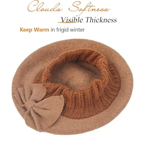 VECRY Lady French Beret 100% Wool Beret Floral Dress Beanie Winter Hat - 2