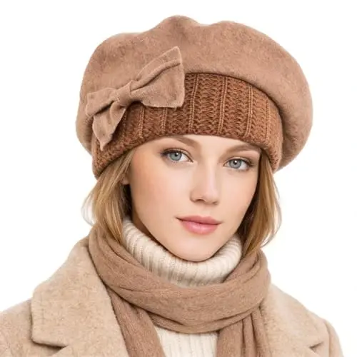 VECRY Lady French Beret 100% Wool Beret Floral Dress Beanie Winter Hat - 3