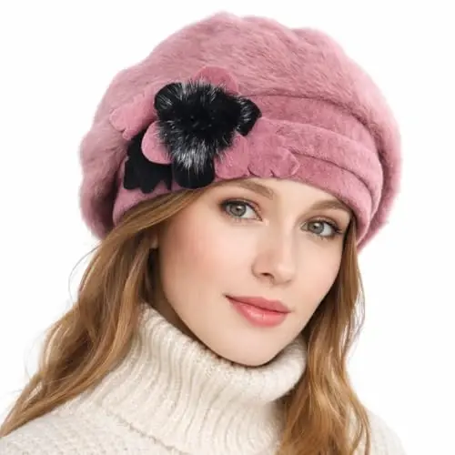 VECRY Lady French Beret 100% Wool Beret Floral Dress Beanie Winter Hat 