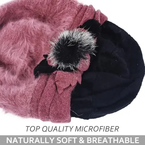 VECRY Lady French Beret 100% Wool Beret Floral Dress Beanie Winter Hat - 3