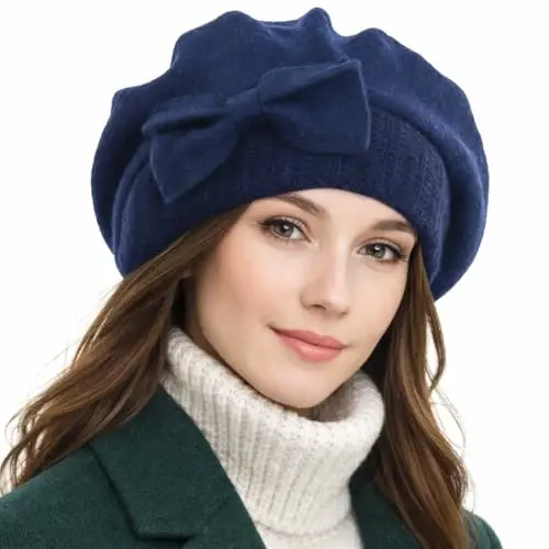 VECRY Lady French Beret 100% Wool Beret Floral Dress Beanie Winter Hat - VECRY (1)