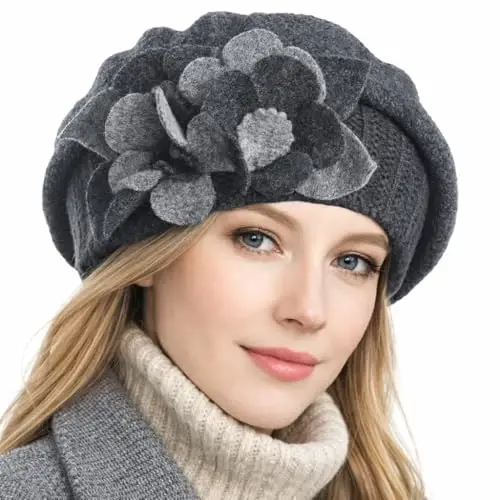 VECRY Lady French Beret 100% Wool Beret Floral Dress Beanie Winter Hat 