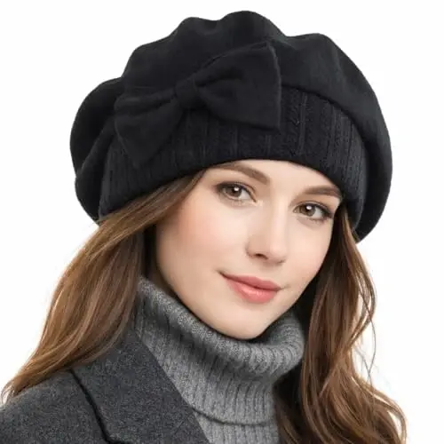 VECRY Lady French Beret 100% Wool Beret Floral Dress Beanie Winter Hat - 1