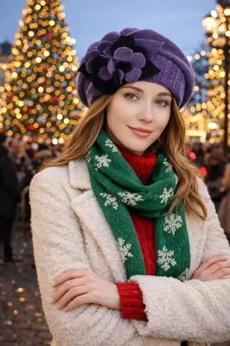 VECRY Lady French Beret 100% Wool Beret Floral Dress Beanie Winter Hat - 3