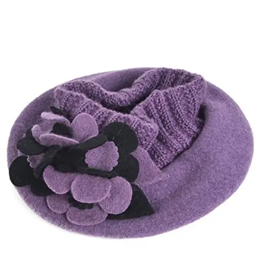 VECRY Lady French Beret 100% Wool Beret Floral Dress Beanie Winter Hat - 3